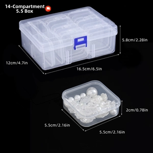 Transparent 14-grid storage box with dimensions showing inner and outer compartments