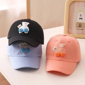 Children's cotton baseball caps with 3D teddy bear embroidery in black, blue, and pink