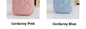 Quilted corduroy pouch organizers in pink and blue featuring a diamond stitched pattern