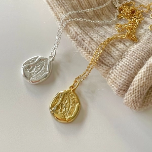 925 Sterling Silver Necklace With Irregular Hammered Oval Coin Pendant Engraved Minimalist Chic Retro Jewelry For Women