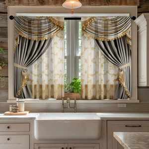 Detail of 2pcs kitchen curtains with gold pattern embroidery and elegant tassels
