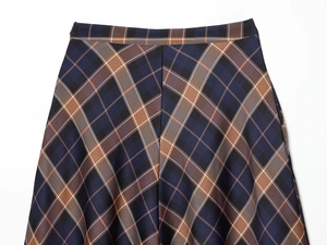 Detailed close-up of navy and brown plaid skirt featuring waist tailoring and fabric texture