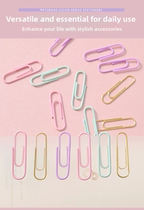 Macro shot of macaron colored paper clips and gold binder clips for office stationery