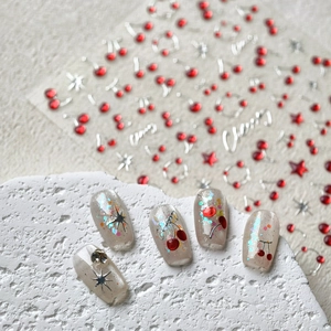 3D Kirsche und Silber Stern Nagelkunst Aufkleber Set mit glitzerndem Silber-Metallic-Finish