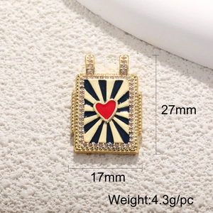 Detailed view of 18K gold-plated rectangle pendant with red heart and zircon border