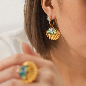 Golden shell earrings with colorful abalone shell inlay and matching ring set