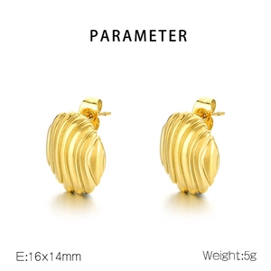 Detail view of gold textured round earrings showing 16x14mm dimensions and ribbed finish