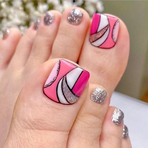 Faux Ongles Pieds Géométriques Rose Blanc Magenta Paillettes Argentées Ligne Abstraite