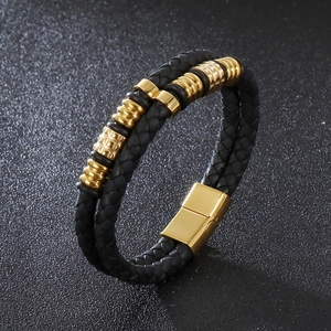 Men's double-layered black braided leather bracelet with gold stainless steel magnetic clasp