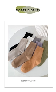 Close-up of ribbed knit socks in assorted Morandi colors on a minimalist display