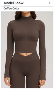 Detail of coffee brown yoga jacket with stand collar and cross-waist leggings