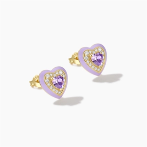 Detail of 925 silver heart stud earrings with purple crystals and lavender enamel finish