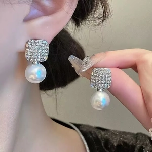Artificial Pearl Drop Earrings With Rhinestones Alloy Square Stud Earrings Elegant French Style Geometric Jewelry For Women