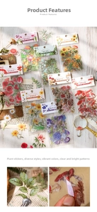 Macro detail of transparent PET botanical stickers showing vintage floral patterns and textures
