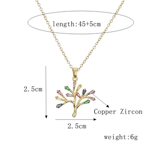 Detail view of a 2.5cm colorful zircon tree pendant with 45+5cm gold chain specs