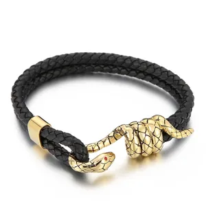 Men Braided Cowhide Leather Bracelet With Stainless Steel Snake Head Punk Animal Jewelry