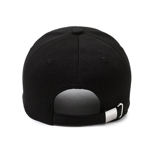 Rear view of black baseball cap showing adjustable silver buckle and durable fabric texture