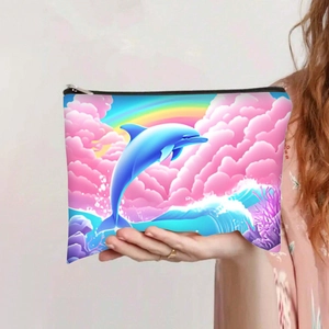 Détail d'une trousse à maquillage avec imprimé dauphin et arc-en-ciel tenue à la main