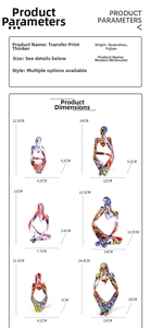 Detailed size specifications for abstract thinker statues with modern colorful patterns