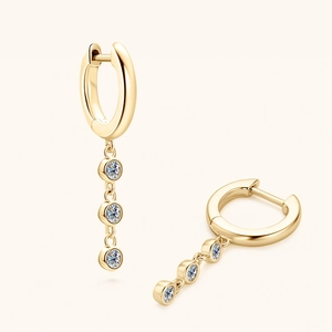 Elegant 18K gold plated hoop earrings with three dangling round white cubic zirconia