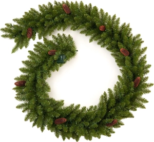 Detail of 9ft green Christmas garland with pine cones and integrated LED lights decoration