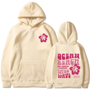 Cream oversized hoodie featuring vintage pink floral ocean beach California surf back print
