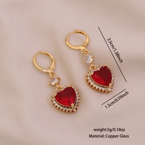Detailed view of red heart crystal earrings with copper glass and dimension markings
