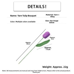 Detail view of handmade purple crochet tulip with dimensions 42cm height and 6cm head