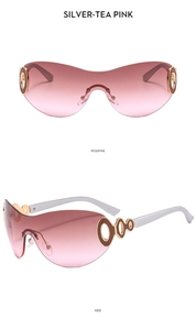 Detail view of Y2K rimless sunglasses with silver hollow temples and gradient pink lenses