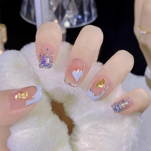 Short Square Press On Nails Cream Blue Heart Design INS Style Fake Nails With Glue For Women Sweet Manicure