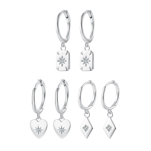 Set of 3 S925 silver hoop earrings featuring starburst heart, square and rhombus charms