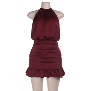 Elegant burgundy satin halter mini dress with slimming ruching and ruffled hem details