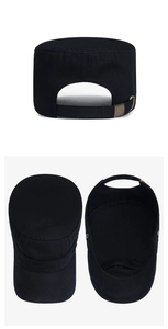 Detail view of cotton flat top cadet hat showing adjustable metal strap and interior lining