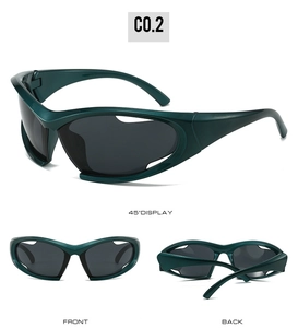 Multi-angle views of dark green Y2K sports sunglasses with wrap-around frames