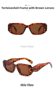 Detailed front and side view of tortoiseshell rectangular sunglasses with brown lenses