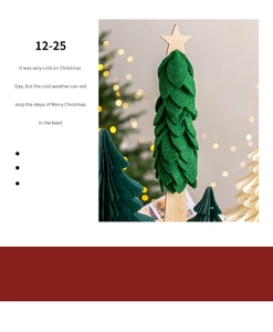 Detail of green felt Christmas tree decor with wooden star on a blurred background
