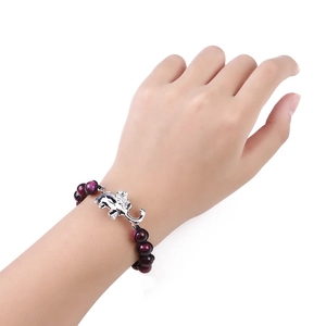 Beaded elephant charm bracelet with 8mm tiger eye and volcano natural stones