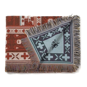 Macro view of woven tassel blanket featuring retro pixel art pattern and knit texture
