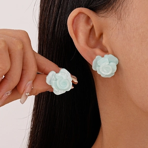 Elegant mint blue resin rose earrings with 3D layered petals and silver pin stud backing