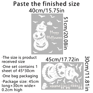 Size chart for Halloween pumpkin wall decal showing product dimensions and layout
