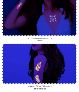 Luminous neon temporary tattoo stickers with glowing feather and arrow designs for body art