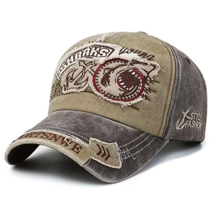 Vintage khaki and grey cotton baseball cap with shark anchor embroidery design
