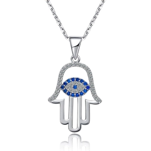 925 Sterling Silver Hamsa Hand Necklace with Evil Eye Pendant and sparkling micro-crystals
