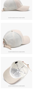 Detail views of a breathable beige and white mesh baseball cap for summer sports