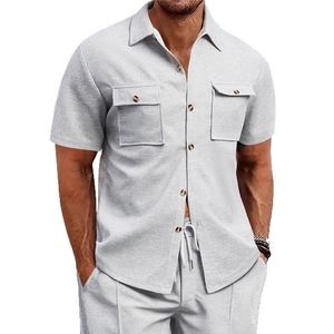 Men's grey waffle knit short sleeve shirt and shorts set with chest pockets and collar