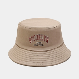 Classic beige cotton bucket hat with Brooklyn 1898 embroidery and wide sun brim