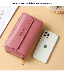 Detail of rose pink pebbled leather crossbody bag compared with a smartphone for scale