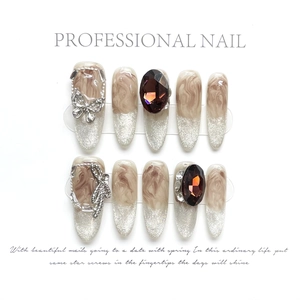 Handmade Dark Style Butterfly 3D Metal Wings Rhinestone Press On Nails Long Almond Brown Marble Silver Gradient Fake Nails