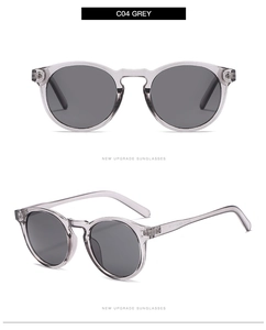 Detail view of transparent grey round frames with dark lenses and durable hinges