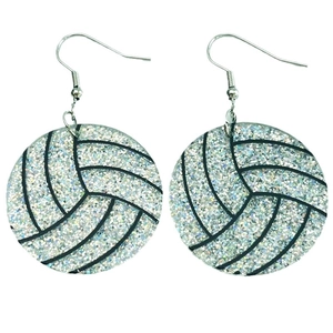 Detailed close-up of silver glitter volleyball earrings with metallic ear hooks